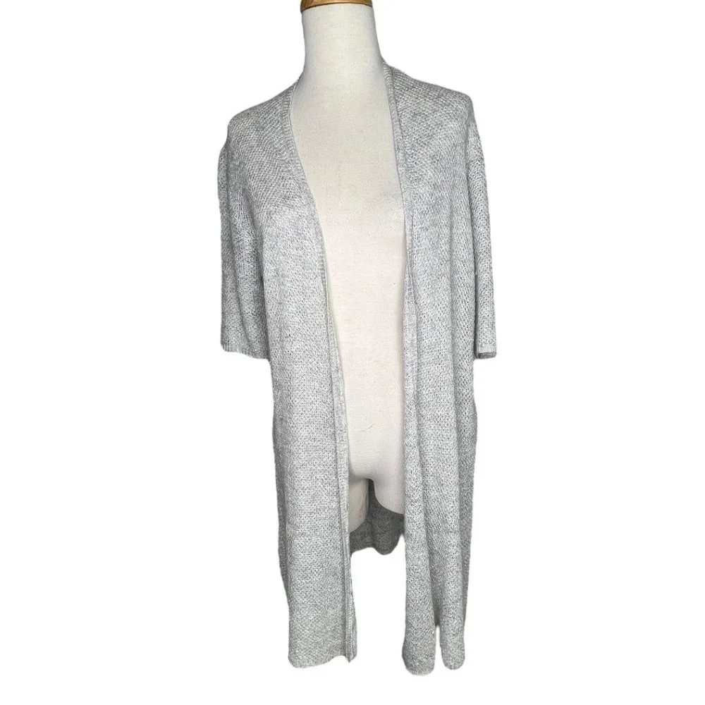 Eileen Fisher Open Front Long Tunic Knit Top Short Sleeves Cream Size S